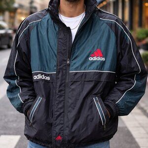 Vintage 90’s Adidas Men's size XL Black and Blue Jacket, full front zip
